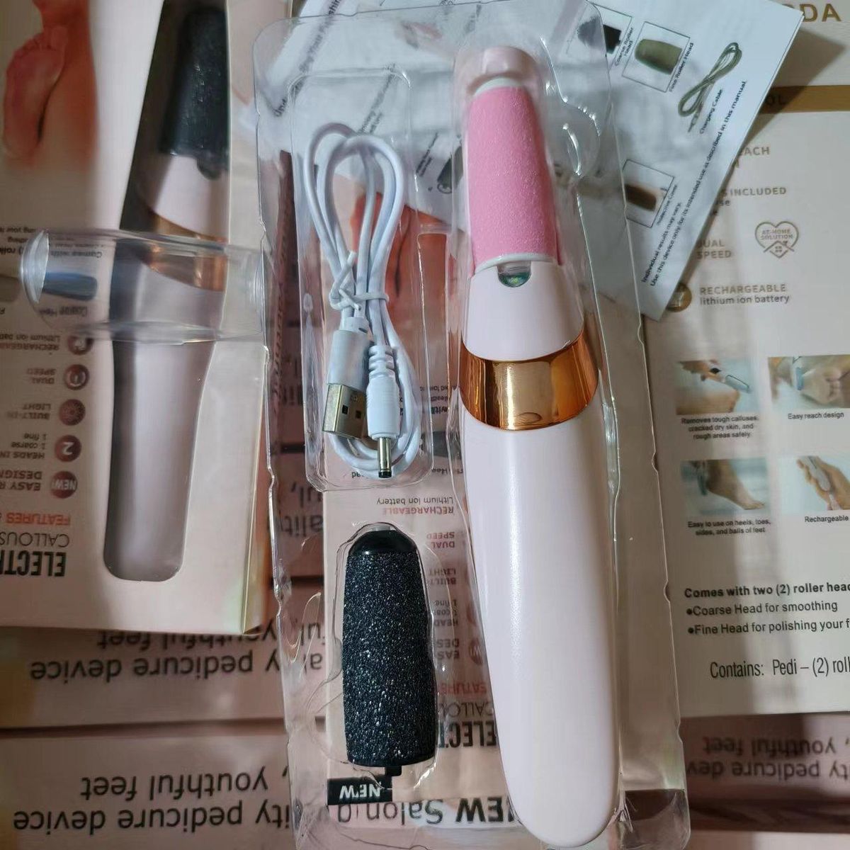 The new electric foot grinder beauty foot peeling machine automatically rubs feet calluses pedicure pedicure pedicure tool pedicure device Pink Boxed (gray black grinding head)