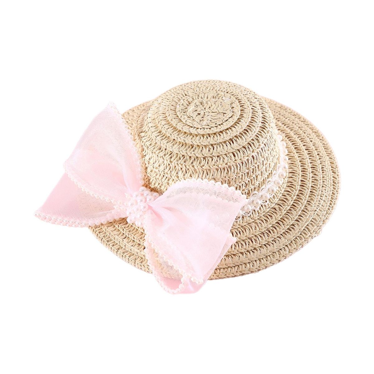 Pet Sun Hat with Mesh Bow Fake Pearls Beach Party Costume Accessories Pink