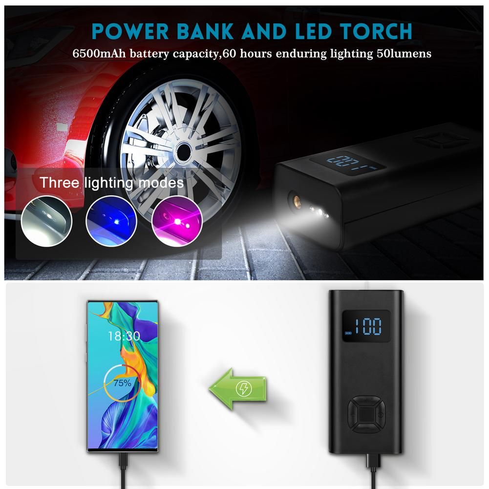 Wireless 150PSI Car Air Pump With LCD Digital Screen High Capacity Rechargeable Emergency Flashlight Type-C Charging Port