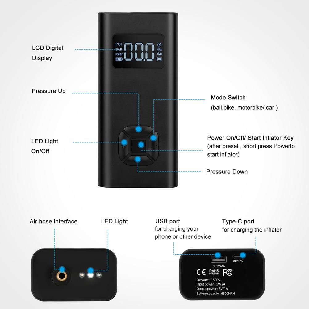 Wireless 150PSI Car Air Pump With LCD Digital Screen High Capacity Rechargeable Emergency Flashlight Type-C Charging Port