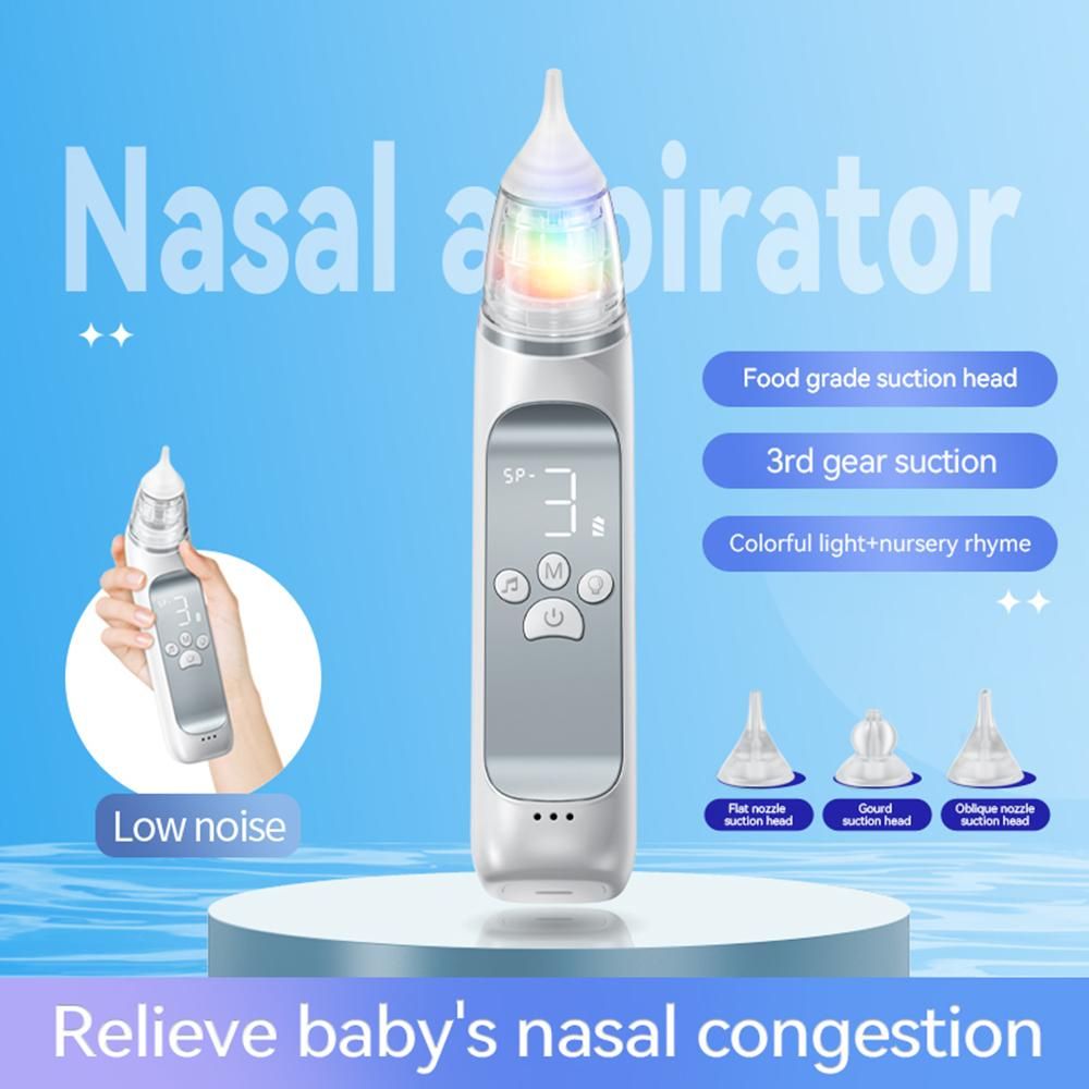 Portable Electric Baby Nasal Aspirator Baby Nose Sucker Nose Cleaner for Infants 3 Suction Levels Low Noise Anti-backflow Built-in Battery Colorful Light 10 Soothing Music with Storage Case 3pcs Silicone Suction Tips