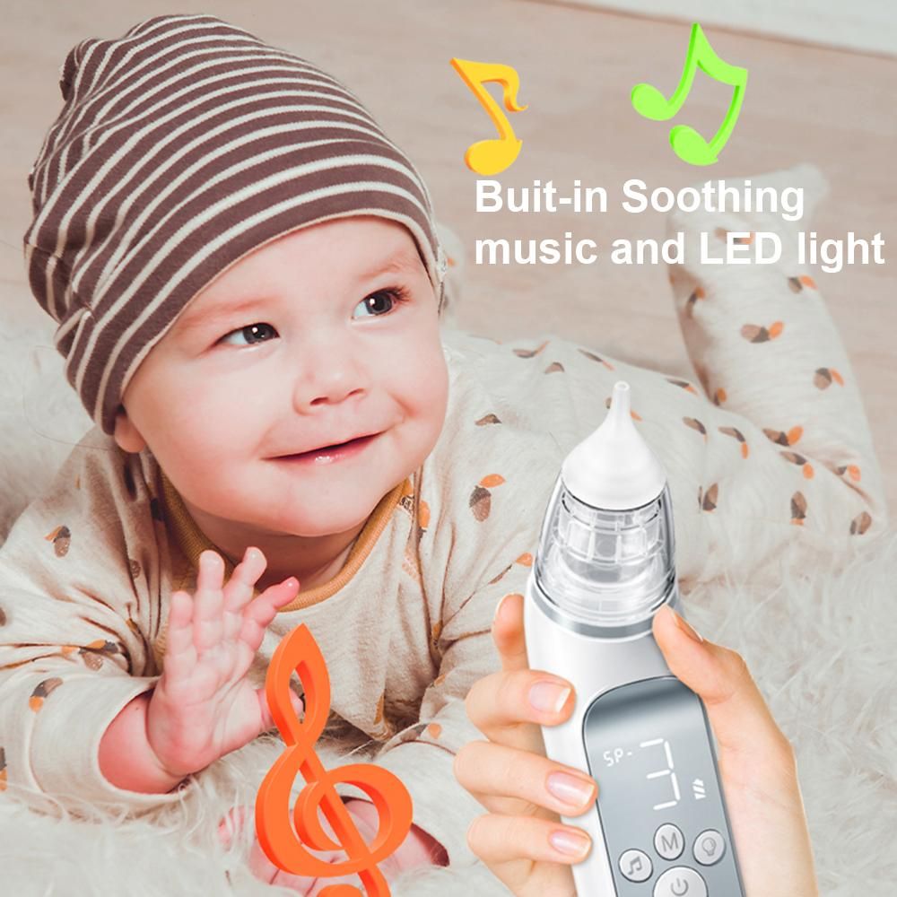 Portable Electric Baby Nasal Aspirator Baby Nose Sucker Nose Cleaner for Infants 3 Suction Levels Low Noise Anti-backflow Built-in Battery Colorful Light 10 Soothing Music with Storage Case 3pcs Silicone Suction Tips