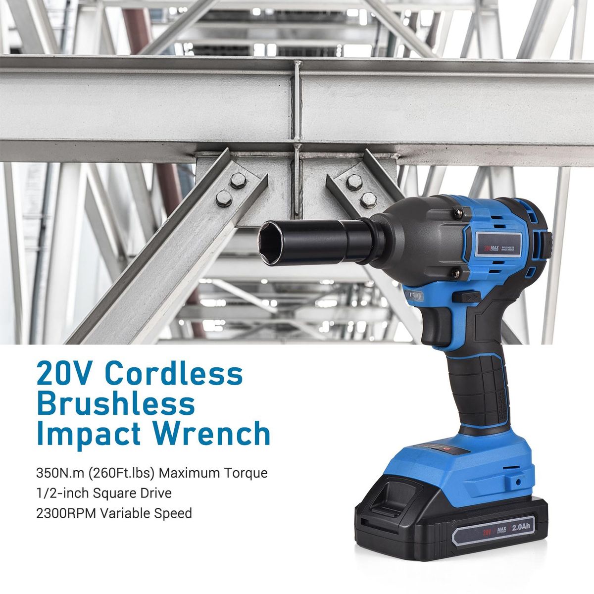 20V Cordless Brushless Impact Wrench with 1/2in Chuck Variable Speed 350N.m Torque Handheld Power Wrench for Removing Nuts Bolts Auto Repair (Sockets, Charger & Battery Not Included)