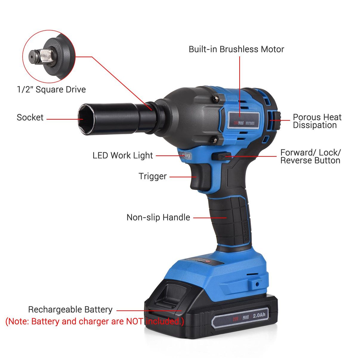20V Cordless Brushless Impact Wrench with 1/2in Chuck Variable Speed 350N.m Torque Handheld Power Wrench for Removing Nuts Bolts Auto Repair (Sockets, Charger & Battery Not Included)