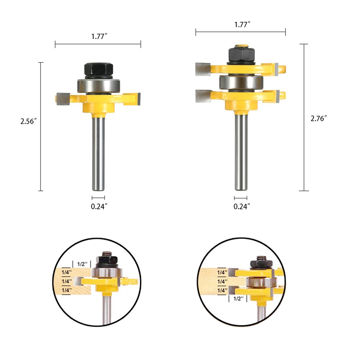 2PCS 3/4" Stock 1/4" Shank Tongue   Groove Router Bit Set 3