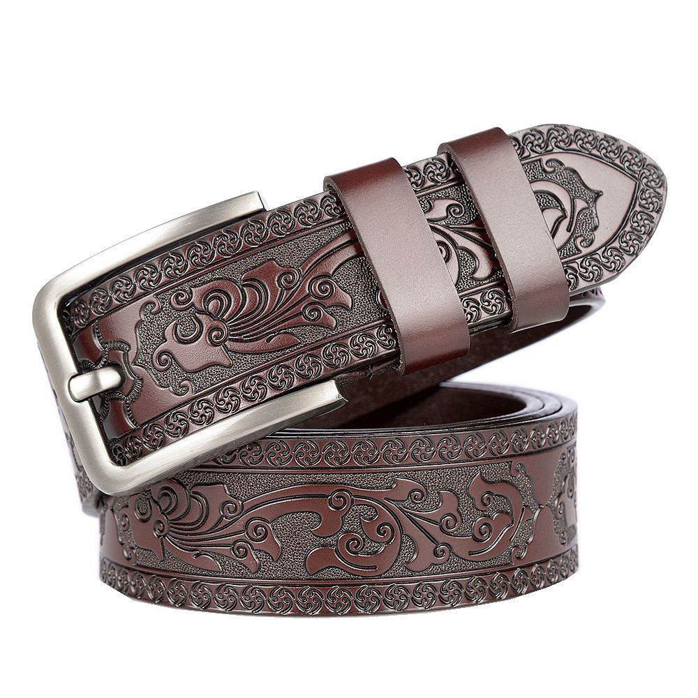 Men Western Embossed Vintage Pin Buckle Genuine Leather Belt-Coffee
