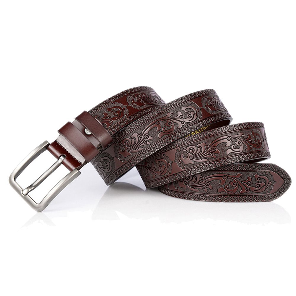 Men Western Embossed Vintage Pin Buckle Genuine Leather Belt-Coffee