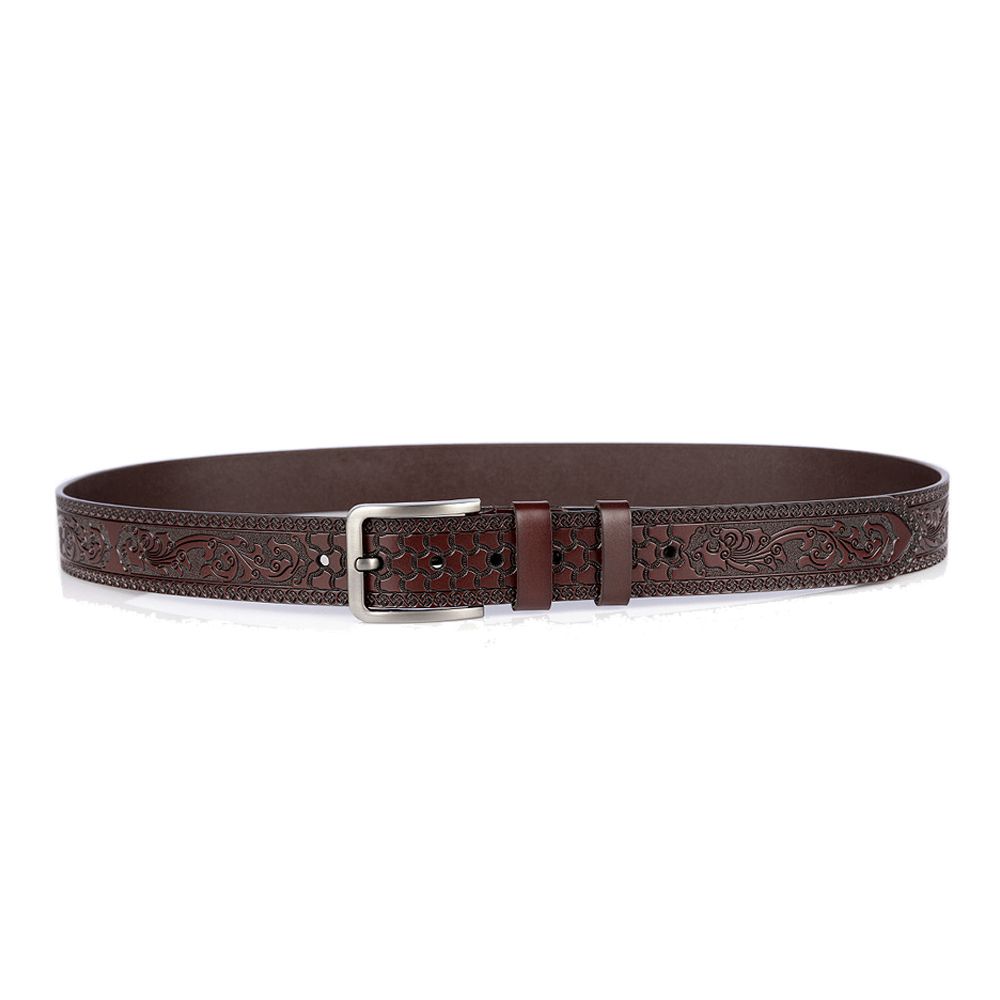 Men Western Embossed Vintage Pin Buckle Genuine Leather Belt-Coffee