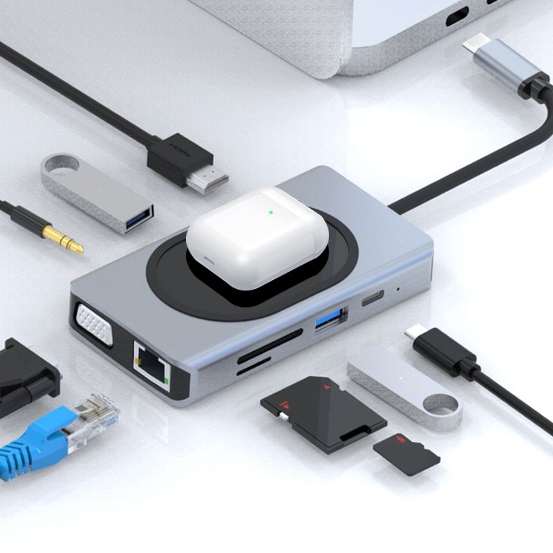9 In 1 RJ45 + VGA + SD/TF + USB3.0 + PD + HDMI + USB2.0 + Audio To USB-C / Type-C HUB Adapter With Wireless Charger