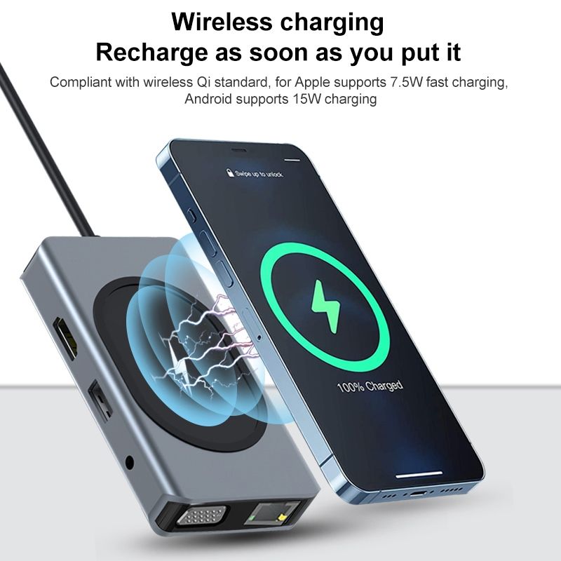 9 In 1 RJ45 + VGA + SD/TF + USB3.0 + PD + HDMI + USB2.0 + Audio To USB-C / Type-C HUB Adapter With Wireless Charger