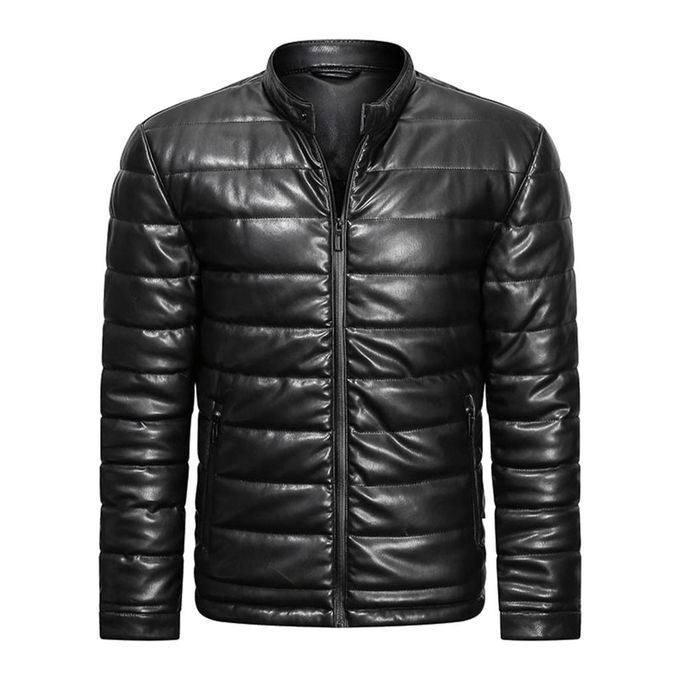 Men Down Coat   Warm PU Leather Fashion For Climbing Business Black XL