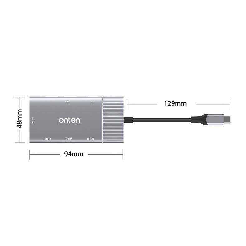Onten 95113 8 In 1 USB 3.0 X2 + SD / TF + HDMI / VGA + 3.5mm Jack + Type-C / USB-C (PD 3.0) Multi-function HUB Converter Dock Station