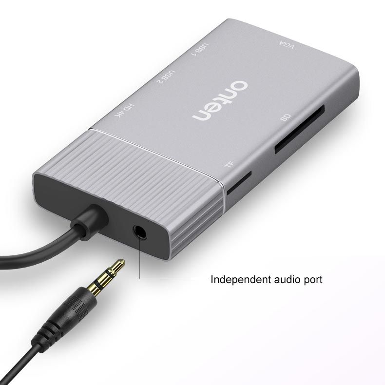 Onten 95113 8 In 1 USB 3.0 X2 + SD / TF + HDMI / VGA + 3.5mm Jack + Type-C / USB-C (PD 3.0) Multi-function HUB Converter Dock Station