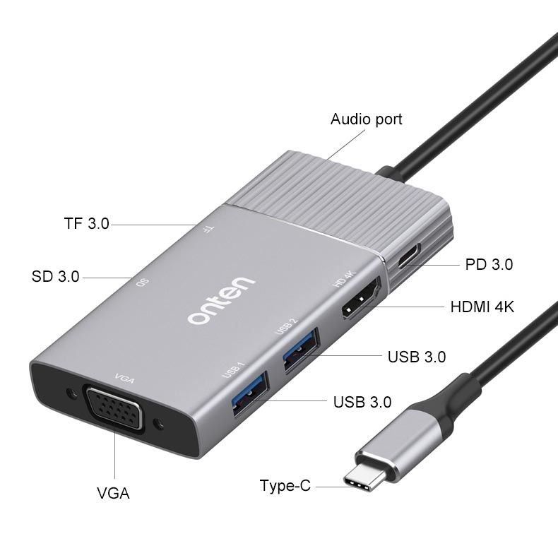 Onten 95113 8 In 1 USB 3.0 X2 + SD / TF + HDMI / VGA + 3.5mm Jack + Type-C / USB-C (PD 3.0) Multi-function HUB Converter Dock Station