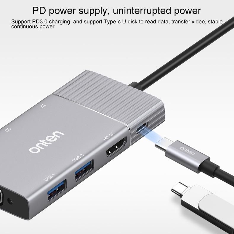 Onten 95113 8 In 1 USB 3.0 X2 + SD / TF + HDMI / VGA + 3.5mm Jack + Type-C / USB-C (PD 3.0) Multi-function HUB Converter Dock Station