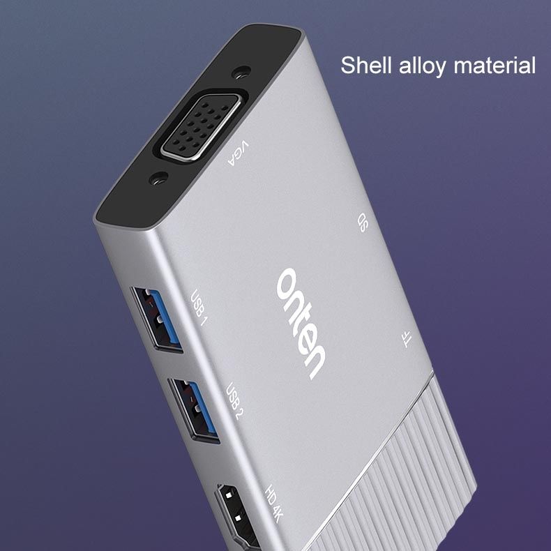 Onten 95113 8 In 1 USB 3.0 X2 + SD / TF + HDMI / VGA + 3.5mm Jack + Type-C / USB-C (PD 3.0) Multi-function HUB Converter Dock Station