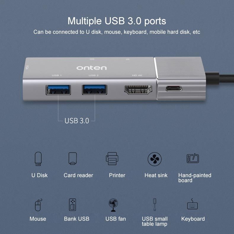 Onten 95113 8 In 1 USB 3.0 X2 + SD / TF + HDMI / VGA + 3.5mm Jack + Type-C / USB-C (PD 3.0) Multi-function HUB Converter Dock Station