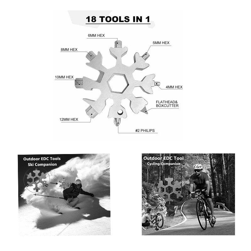 18 In 1 Stainless Steel Snowflake Multi Tool Keychain Hand Tool Silver