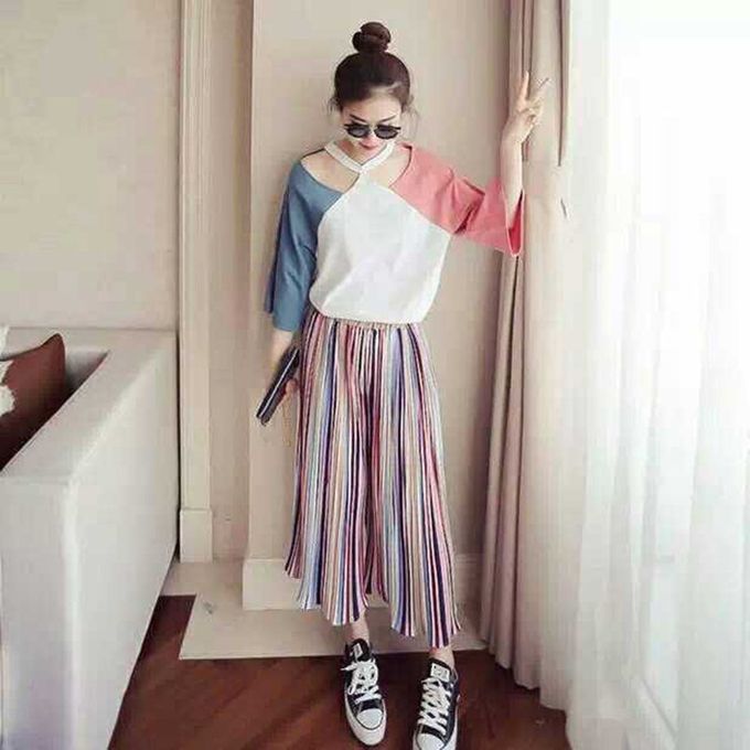Spring Korean Version Of The Seven-Point Sleeve Hanging Neck T-Shirt Female-Powder + Blue-