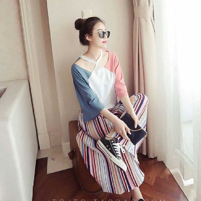 Spring Korean Version Of The Seven-Point Sleeve Hanging Neck T-Shirt Female-Powder + Blue-