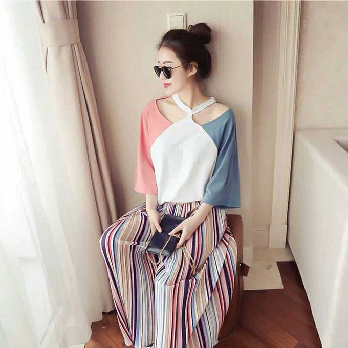 Spring Korean Version Of The Seven-Point Sleeve Hanging Neck T-Shirt Female-Powder + Blue-
