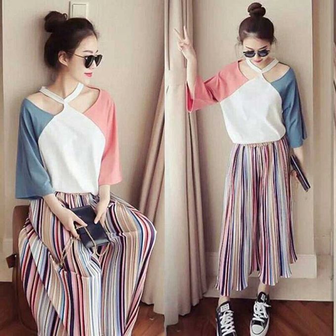 Spring Korean Version Of The Seven-Point Sleeve Hanging Neck T-Shirt Female-Powder + Blue-