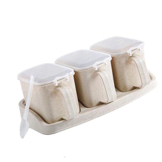 Plastic Spice Jar - Seasoning Storage Container Condiment 3-Grid Beige