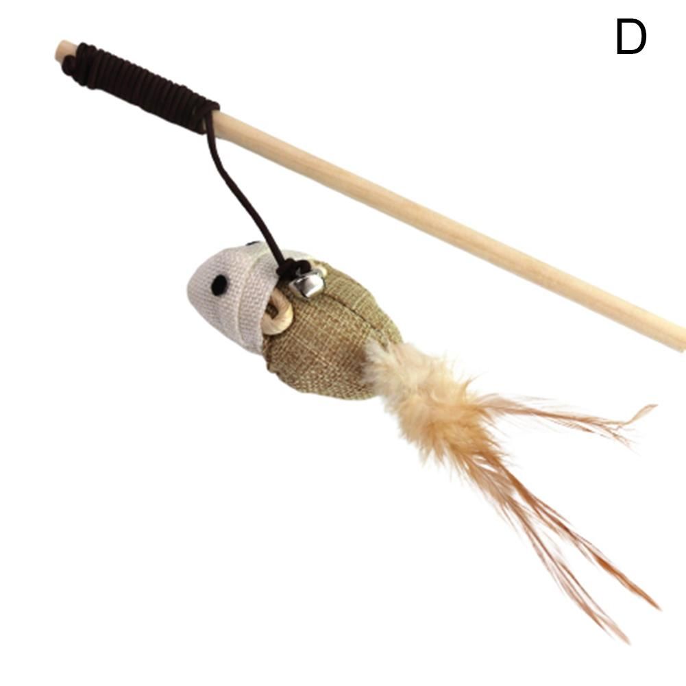 Pet Cats Kitten Teaser Wooden Play Stick Wand Mouse Fish-