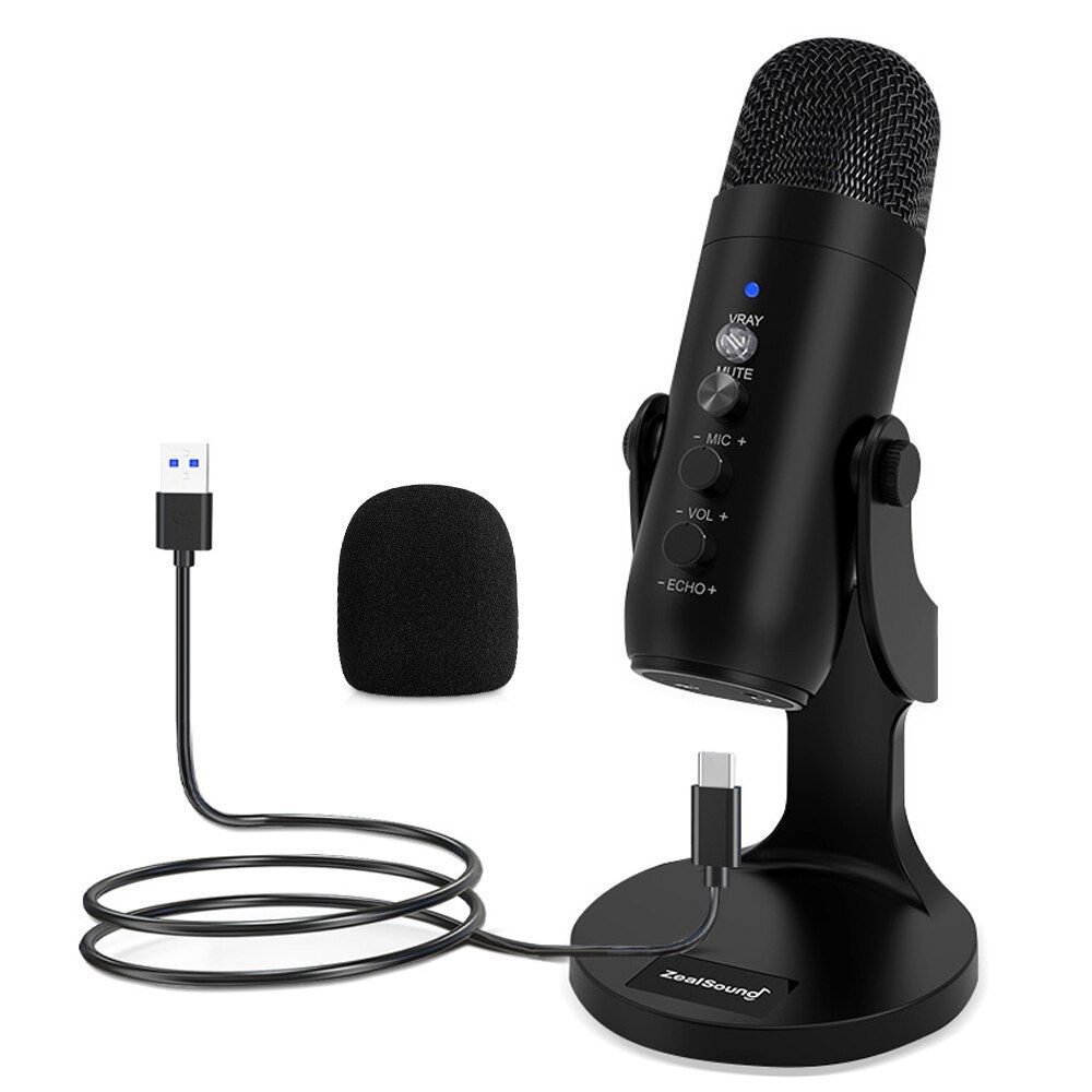ZealSound USB Condenser Microphone Studio Recording Mic For PC Computer Streaming Video Gaming Podcasting Vocal Black Blue Color