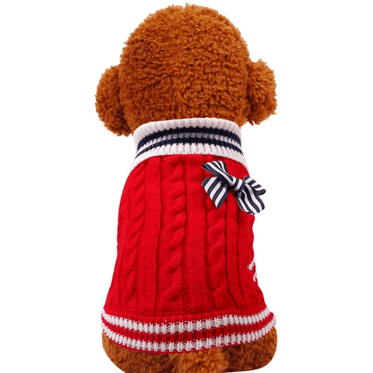 Cat Sweater Striped Bowknot Decor Turtleneck Navy Style-Red