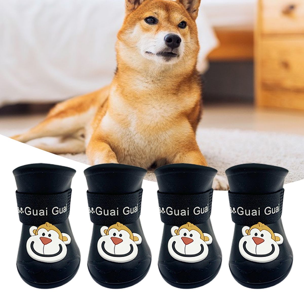 4Pcs Puppy Rain Shoes Cartoon Patter Bright Color Pet Rain Boots Black