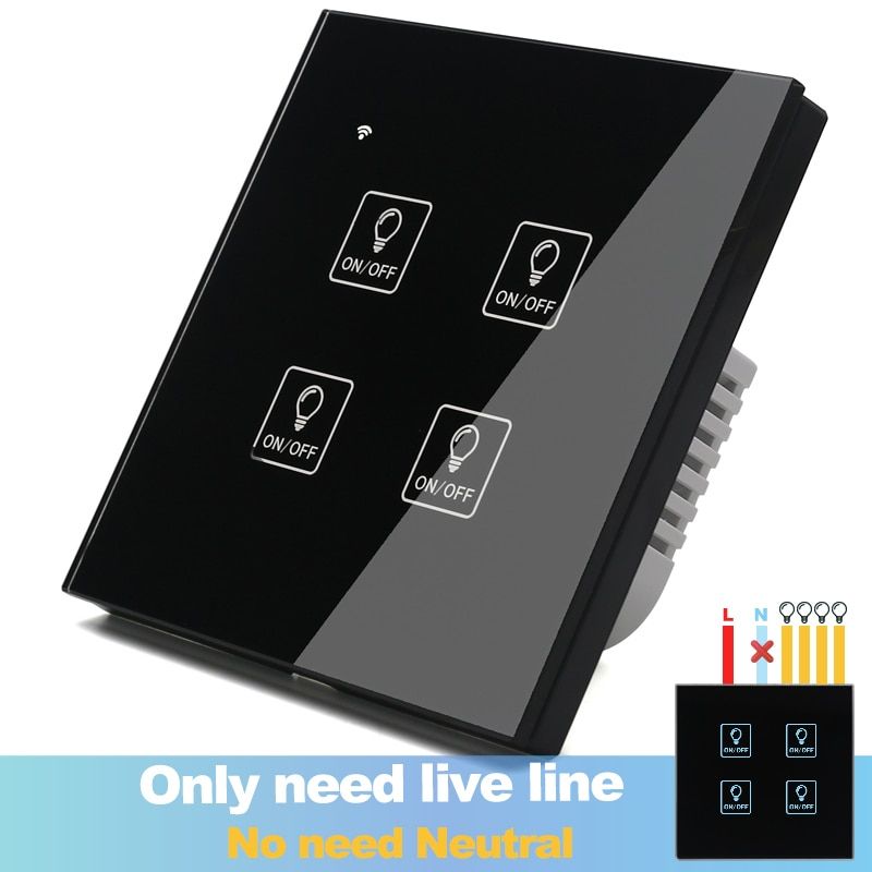 (No Need Neutral Line) WIFI Touch Light Wall Switch Black Glass Blue LED Smart Home Phone Control 4 Gang 2 Way Alexa Google Home
