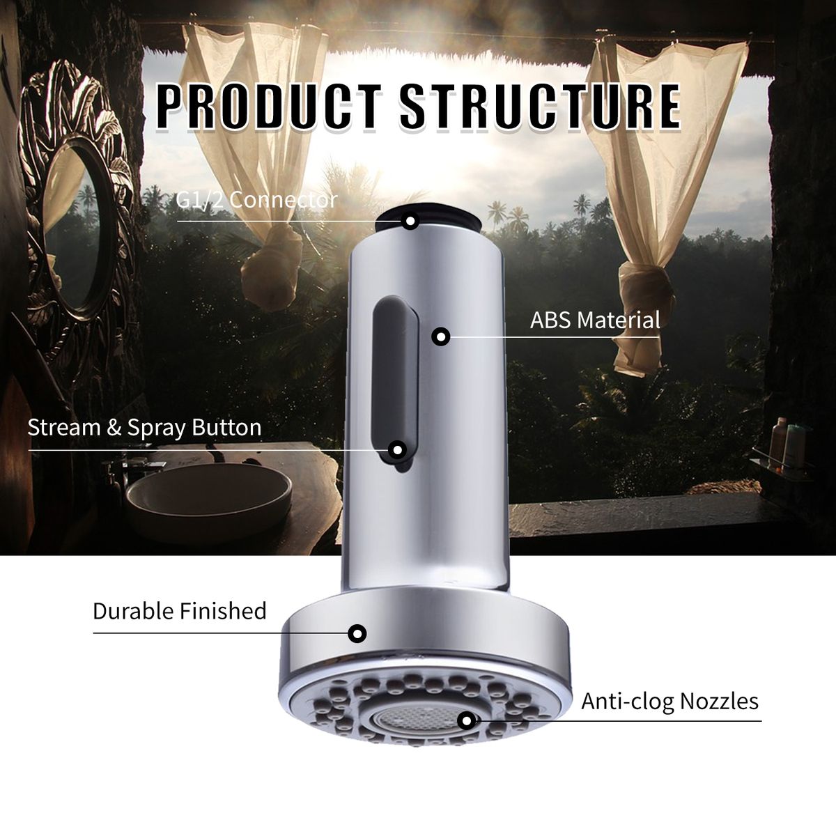 Faucet Spayer Head Sink 2 Functions Spray Head G1/2 Pull