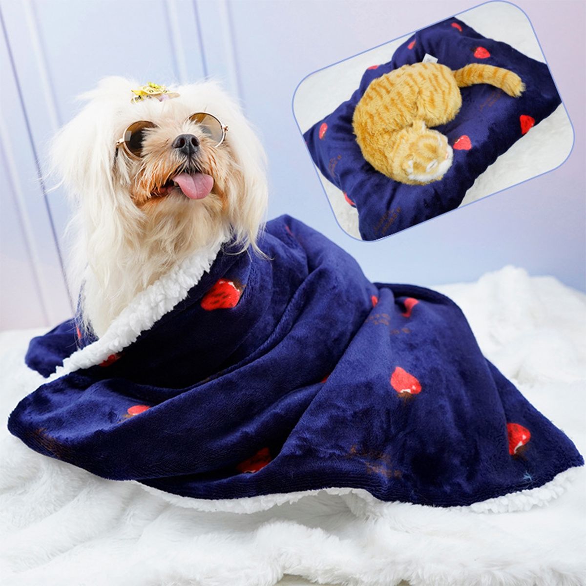 Dog Blanket Cute Strawberry Pattern Pet Cushion Navy Blue