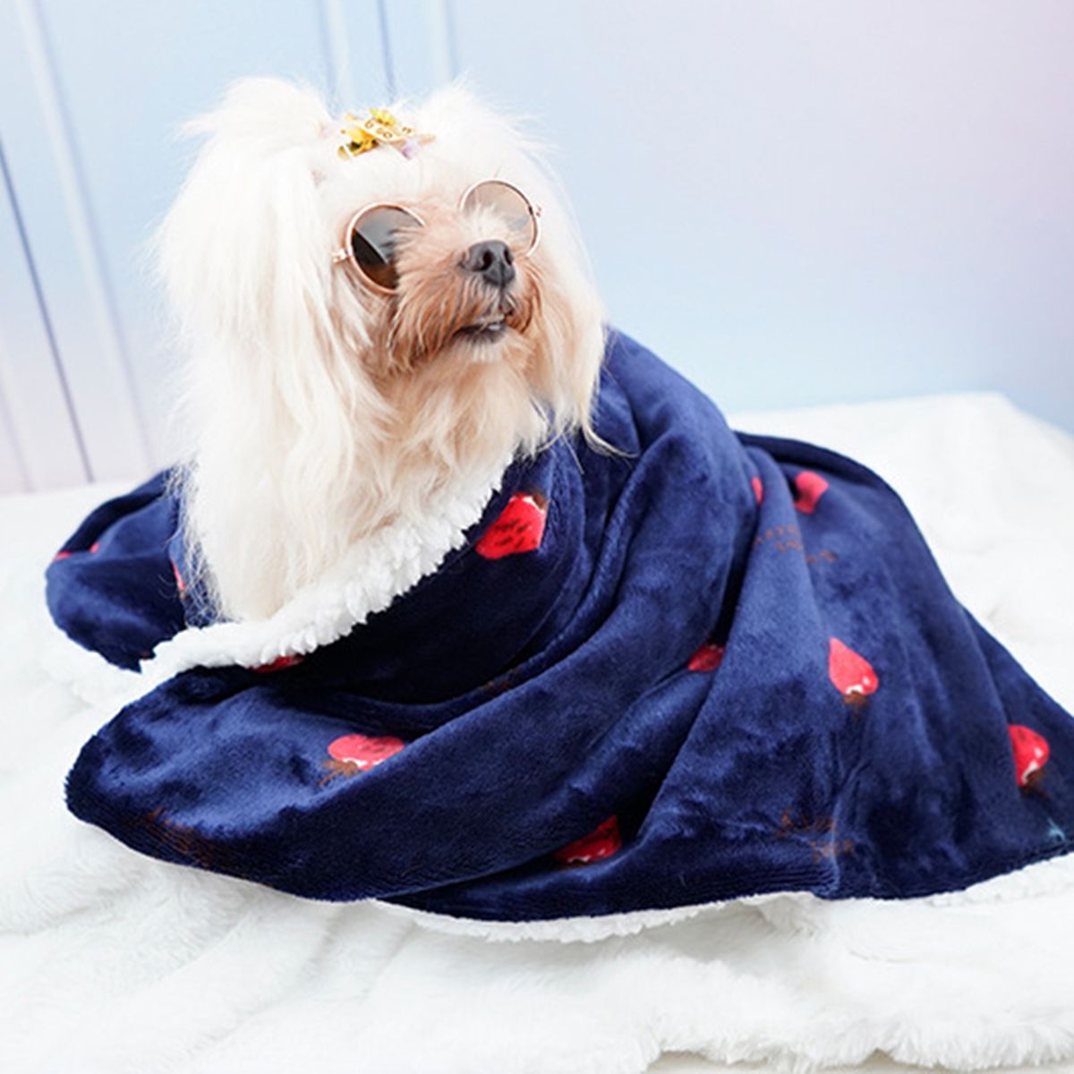 Dog Blanket Cute Strawberry Pattern Pet Cushion Navy Blue