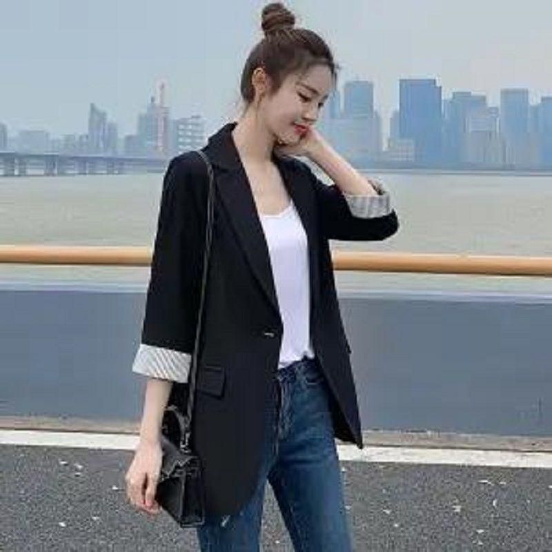 M104 Chic Small Suit Jacket Women's Black 3/4 Sleeve 2021 Spring and Summer New Casual Thin Looking Suit Top Thin