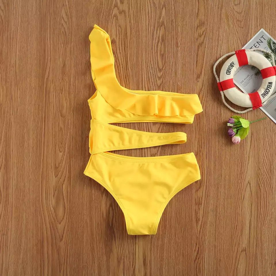 Girls Oblique Shoulder Cut Hollow Swimsuit (7-8years Old)