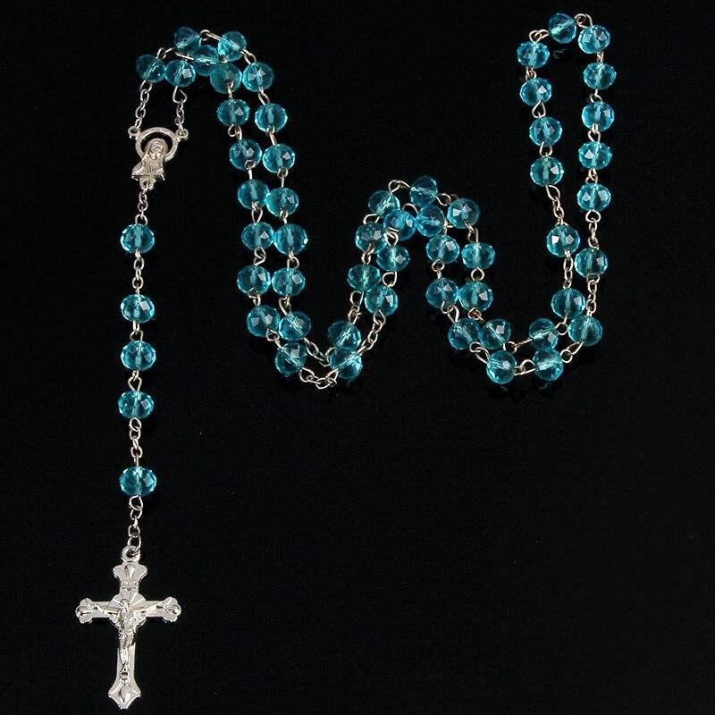 8mm pearl crystal rosary necklace, charm rosary crystal blessing necklace, Santa Maria center crystal jewelry necklace