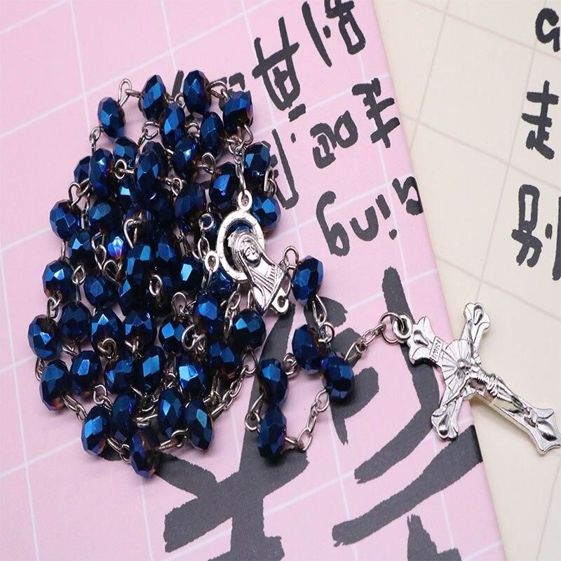 8mm pearl crystal rosary necklace, charm rosary crystal blessing necklace, Santa Maria center crystal jewelry necklace