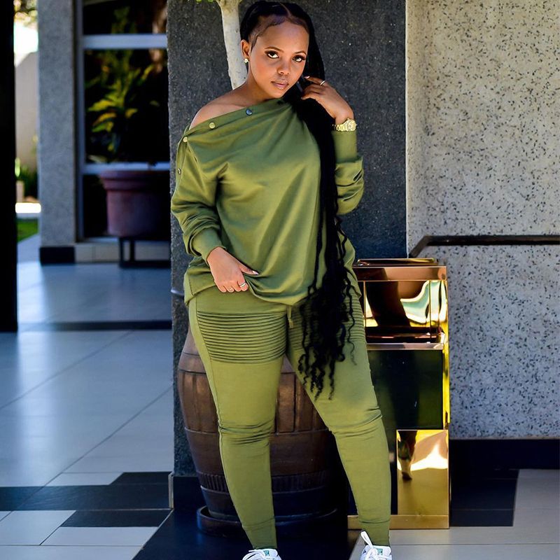 Plus Size Two Piece Sets Long Sleeve Off Shoulder Top Women Pant Suit Outfits