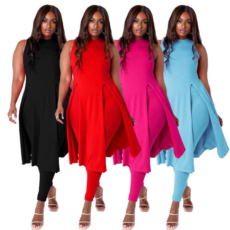 Plus Size Two Piece Set For Women Summer Solid Sleeveless O Neck Tops And Pants