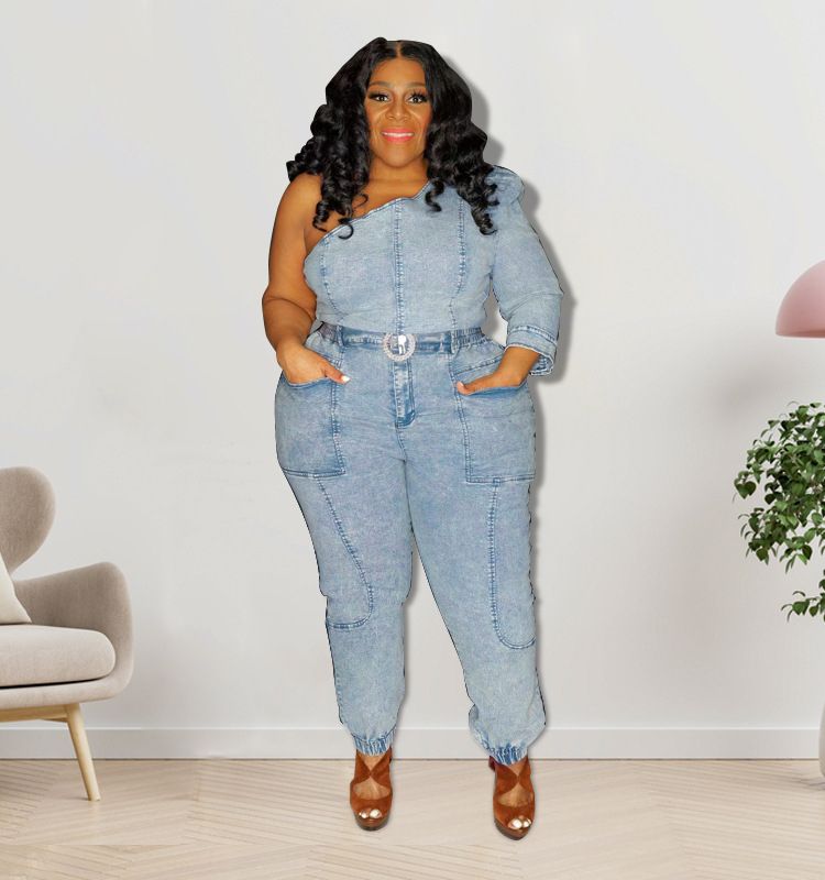 Plus Size Women Clothing Y Slanted Shoulder Stitching Cutout Top Slim Pants