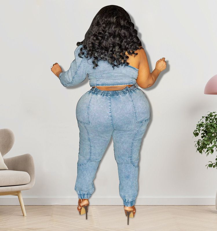 Plus Size Women Clothing Y Slanted Shoulder Stitching Cutout Top Slim Pants