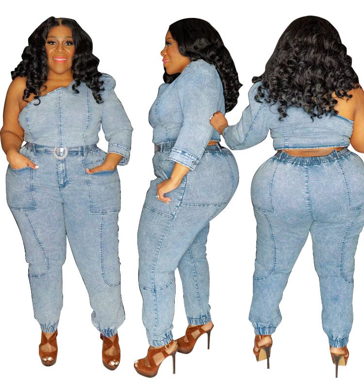 Plus Size Women Clothing Y Slanted Shoulder Stitching Cutout Top Slim Pants