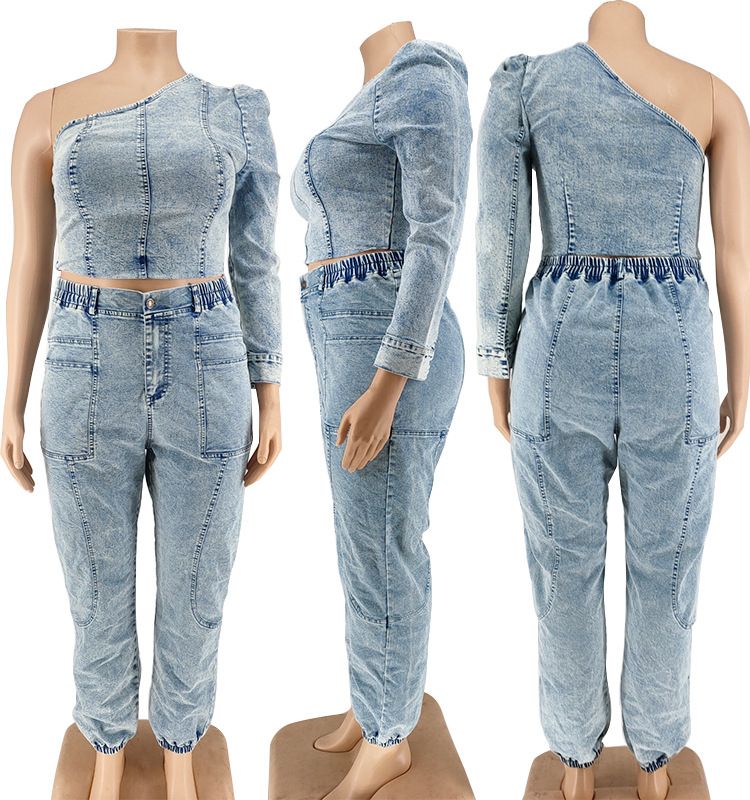 Plus Size Women Clothing Y Slanted Shoulder Stitching Cutout Top Slim Pants