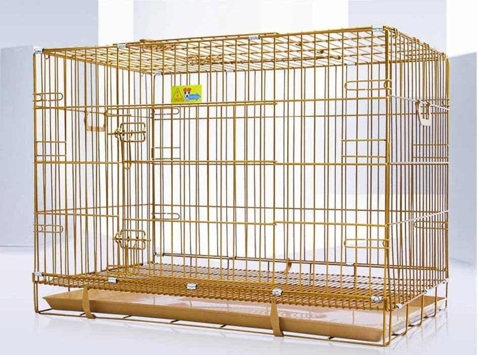 Gold Color Folding Design Dog Crate Puppy Kennel With Removable Floor Grid And Pull Out Tray