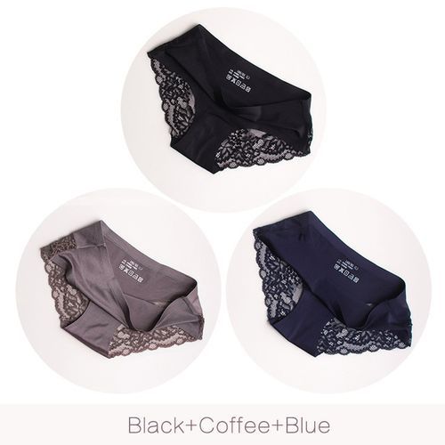 3Pcs/Lot Lace Women's Panties Sets Big Size 4XL Seamless Underwear Female Silk Briefs Underpants Lady Panty Woman Lingerie(#black Grey Blue)