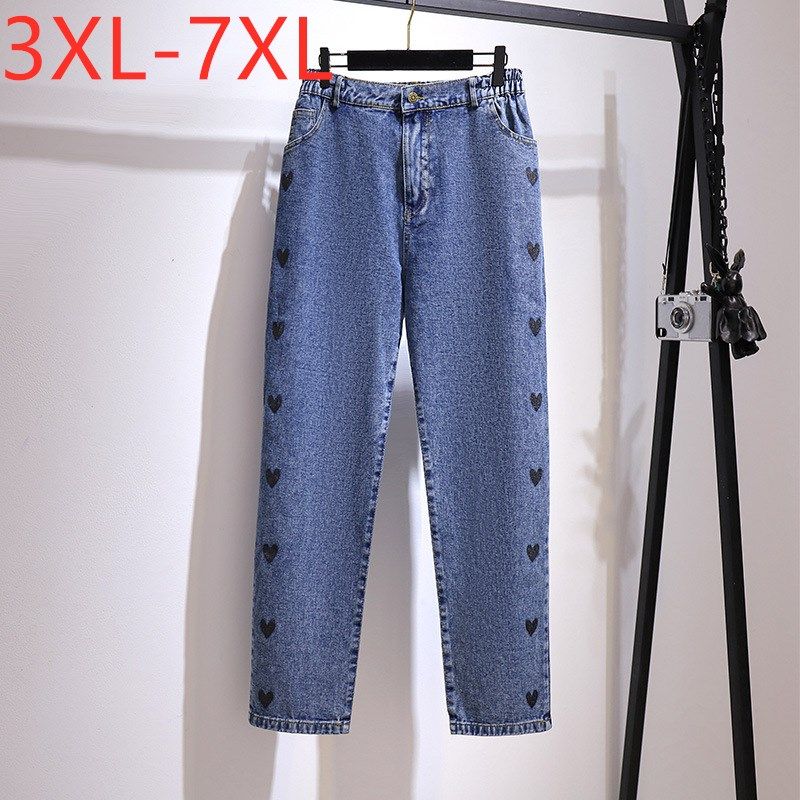(Blue)New Ladies Autumn Winter Plus Size Long Jeans For Women Large Loose Straight Cotton Pocket Blue Denim Pants 3XL 4XL 5XL 6XL 7XL SAB