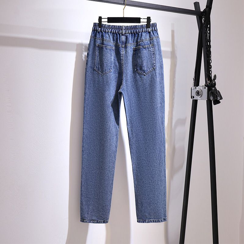 (Blue)New Ladies Autumn Winter Plus Size Long Jeans For Women Large Loose Straight Cotton Pocket Blue Denim Pants 3XL 4XL 5XL 6XL 7XL SAB