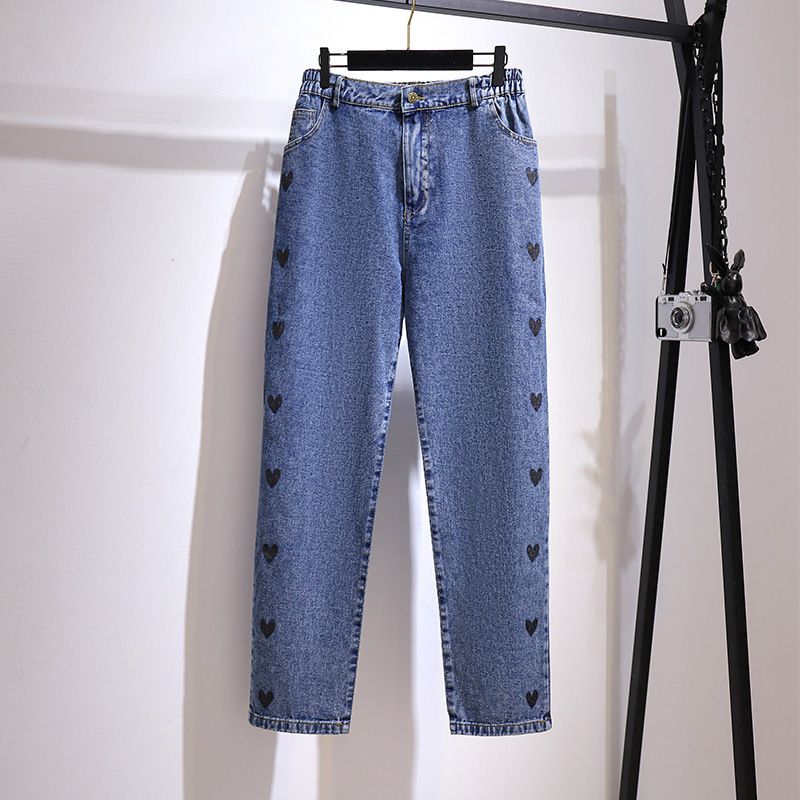 (Blue)New Ladies Autumn Winter Plus Size Long Jeans For Women Large Loose Straight Cotton Pocket Blue Denim Pants 3XL 4XL 5XL 6XL 7XL SAB